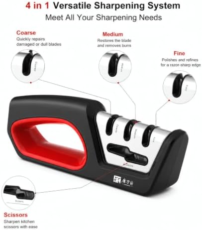 4 in1 Knife Sharpener — Diamond-Coated Ceramic Sharpening Stones Compatiable for All Knives Including Professional, Precision Kitchen, Chef's Knives ，with Non-Slip Rubber Edge Grip