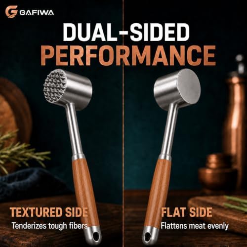 Stainless Steel Meat Tenderizer Tool, Heavy Duty Meat Mallet Hammer with Ergonomic Non-Slip Handle, Dual-Sided Meat Pounder for Steak, Chicken, Pork, Beef, Dishwasher Safe Kitchen Tool. (Wood Handle)