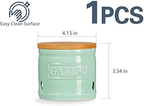 ONEMORE Garlic Keeper for Counter, Garlic Holder Countertop Storage Container, Garlic Saver Keeper with Lid, Ceramic Garlic Jar for Kitchen, Mint Green
