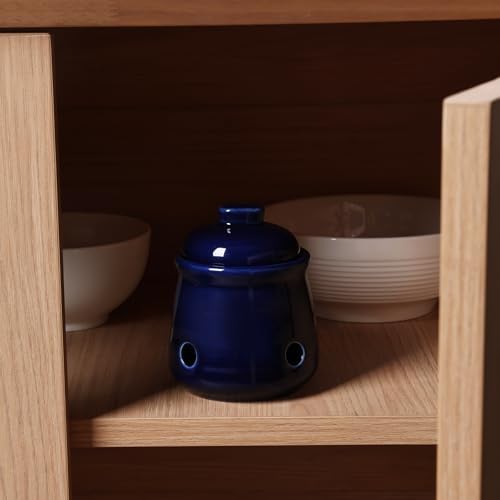 Ceramic Garlic Keeper with Lid, Mini Garlic Saver Container for Countertop, Kitchen Decor (Navy)
