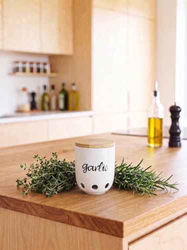 Ceramic Garlic Keeper for Counter with Wood Lid (White)