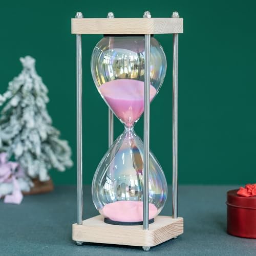 Large 60-Minute Hourglass Sand Timer,Pastel Macaron Glass & Natural Oak Wood Base, Modern Minimalist Office Home Desktop Decor (Macaron Pink)