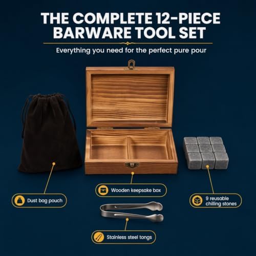 Creative Gifts International Whiskey Stones & Tongs Set | Keepsake Box and Storage Pouch | Reusable Drink Chilling Stones | 9 Stones | Gift Set
