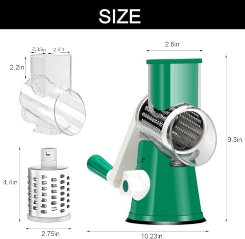 Cambom Rotary Cheese Grater Hand Crank Cheese Shredder for Fresh Cheese, Vegetable, Nuts,Non-slip Suction Base, Three Blades, Dark Green