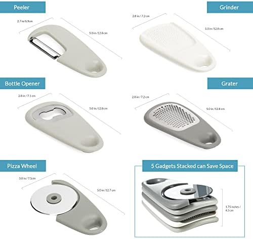 PortoFino Kitchen Gadgets Set 5 Pieces, Includes Pizza Cutter, Cheese Grater, Vegetable Peeler, Bottle Opener, Garlic Grinder, RV Kitchen Accessories, Space Saving Design, Dishwasher Safe