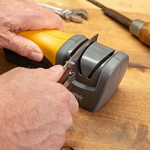 Smith's 50005 Edge Pro Compact Electric Knife Sharpener - Yellow & Grey - Straight Edge 2 Stage Sharpener - Electric & Manual Sharpening - Blade Guide - Outdoor & Kitchen - Pocket & Filet Knives