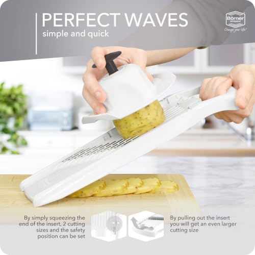 Börner by Reston Lloyd Wave-Waffle Power Line • Crinkle Cut/Spirelli Vegetable Slicer & Food Safety Holder • Slicer for Wave Waffle Cut Style • Multiple Thickness Options • Made in Germany, White