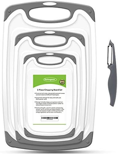 Cutting Boards for Kitchen, Plastic Chopping Board Set of 4 with Non-Slip Feet and Deep Drip Juice Groove, Easy Grip Handle, Dishwasher Safe, gray