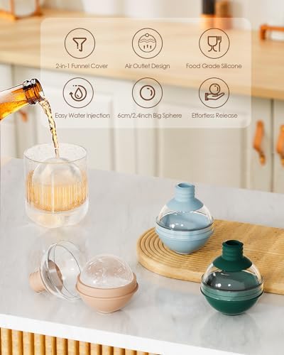 Large Ice Ball Molds for Whiskey & Cocktails with Funnel Lid - Big Sphere Ice Cube Trays for Drinks, Bourbon, and Wine, Silicone Round Ice Maker for Freezer (Set of 4) - Reusable Easy-Release Ice Tray