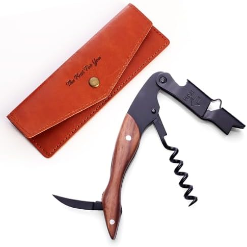 wine opener Professional Corkscrews for Wine Bottles w/Foil Cutter and Cap Remover -Wine Key for Servers, Waiters, Bartenders (Black+Leather Sheath)