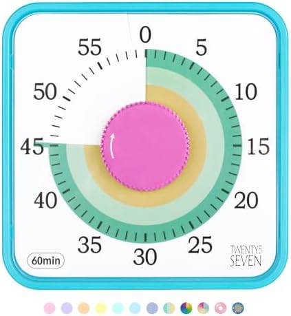 TWENTY5 SEVEN Countdown Timer 7.5 inch; 60 Minute 1 Hour Visual Timer – Classroom Teaching Tool Office Meeting, Mechanical Countdown Clock for Kids Exam Time Management Magnetic, Colorful