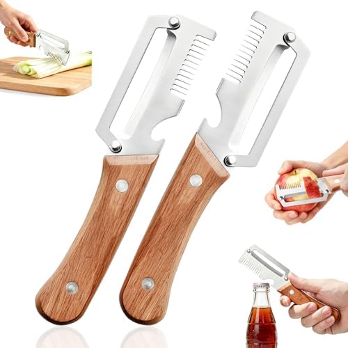 Left & Right Hand Vegetable Peeler Set with Scallion Slicer & Bottle Opener, Thickened Stainless Steel Wide Blade for Smooth Peeling, Wooden Handle Kitchen Peeler for Fruits & Vegetables