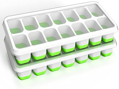Ice Cube Tray, Silicone Ice Tray with Stackable and Spill-Resistant Lid, Easy Release Ice Cube Trays for Freezer, BPA Free Reusable Ice Trays for DIY Flavor (2 Green)