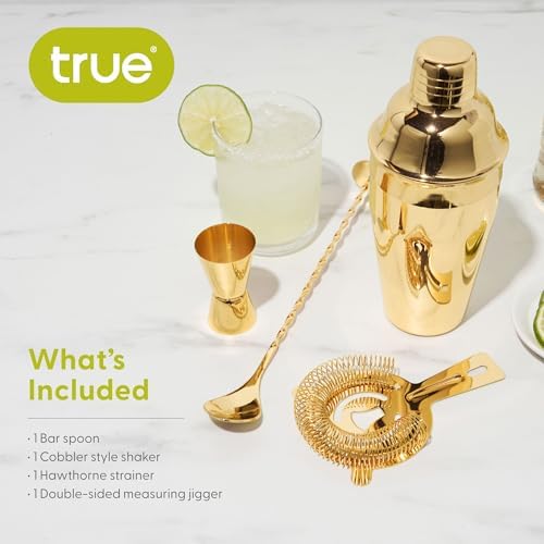 True 4-Piece Cocktail Shaker Set Includes Cobbler Shaker, Strainer, Jigger, Bar Spoon for Classic Cocktails, Mixed Drinks, Cold Brew, Home Bar Tools, Bartender Gifts, Bar Cart Accessories, Gold