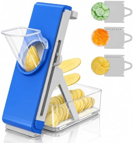 Safe Mandoline Slicer for Kitchen, Vegetable Slicer with Container, French Fry Cutter, All in 1 Julienne Slicer for Potato, Thickness Adjustable, Detachable Blade (Dark blue)
