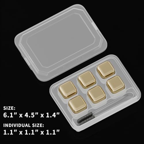 ShanSon Wine Chillers Metal Ice Cube 6 PCS Stainless Steel Whiskey Stones Reusable Whiskey Rocks Beverage Chilling Stones for Scotch and Bourbon Drinking Gifts Set for Men Dad Husband,Gold