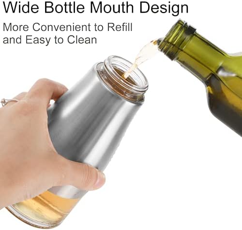 Tebery 2 Pack Silver Olive Oil and Vinegar Dispenser Set, 10OZ Oil Dispenser Cruet with Easy & Drip Free Pouring, Elegant Stainless Steel with Glass Bottom