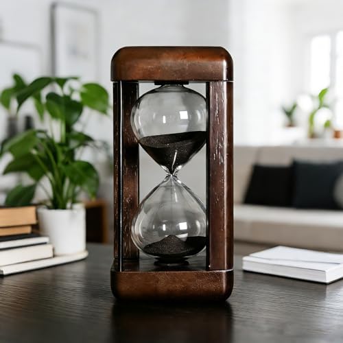 Large 60 Minute Hourglass Timer with Walnut Wood, Metal Frame, Black Sand