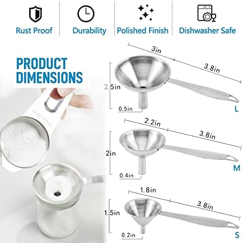 Small Funnels for Filling Bottles, 3 Pcs Stainless Steel Kitchen Funnel Set, Food Grade Mini Metal Funnel for Transferring Oil Liquid, Easy Cleaning with a Brush (Long Handle)