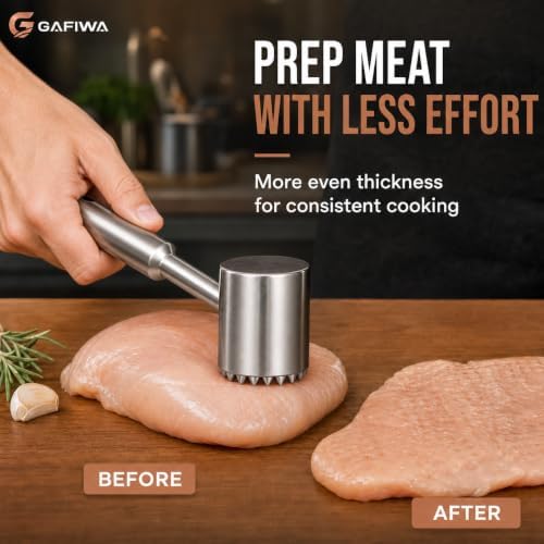 Stainless Steel Meat Tenderizer Tool, Heavy Duty Meat Mallet Hammer with Ergonomic Non-Slip Handle, Dual-Sided Meat Pounder for Steak, Chicken, Pork, Beef, Dishwasher Safe Kitchen Tool. (Steel Handle)