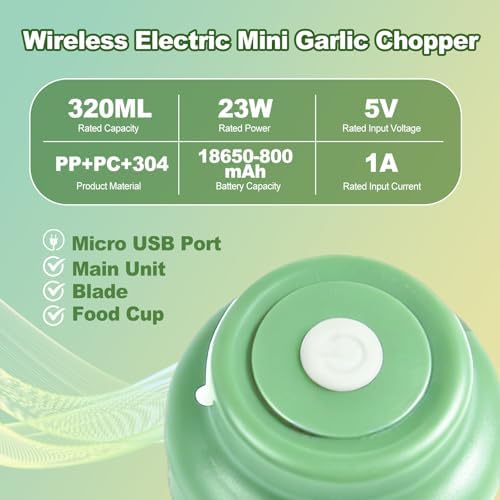 Kuars Gvni Wireless Garlic Chopper 11.26oz Mini Electric Food Processor Portable Small Blender for Chili Scallion Garlic Minced Meat Herbs (Green)