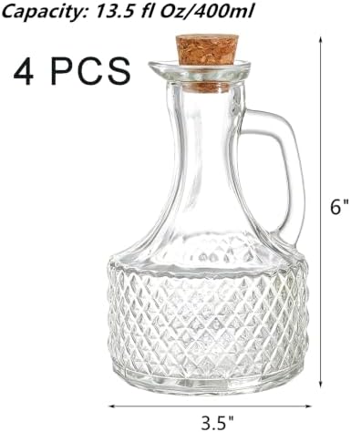Frcctre 4 Pack Glass Oil and Vinegar Cruets Bottles, 13.5 Ounce Glass Olive Oil Dispenser Bottle with Handle and Cork, Soy Sauce Salad Dressing Syrup Liquid Dispenser for Kitchen