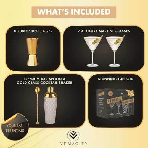 VEMACITY - Luxury Cocktail Shaker Set - Gold Glass Cocktail Shaker with Built-In Strainer + 2 Ribbed Espresso Martini Glasses with Gold Rims, Bar Spoon & Jigger | Ideal for Home Mixology