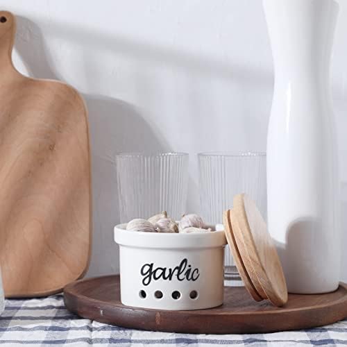Garlic Keeper with Lid, Ceramic Garlic Saver Container for Countertop, Farmhouse Kitchen Decor