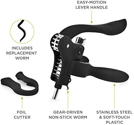True Virtuoso Easy Lever Corkscrew Wine Opener Manual, Stainless Steel Corkscrew Wine Opener with Foil Cutter and Ergonomic Soft Touch Handle, Black