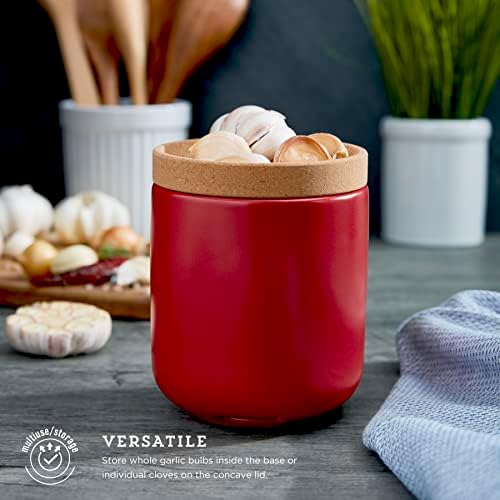 Kamenstein Ceramic and Cork Breathable Garlic Keeper to Allow Air Flor for Freshness, Stackable Space Saving Cork Lid, Natural Cork and Red Ceramic