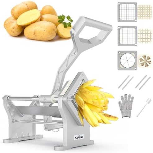 Commercial French Fry Cutter with 1/2 Inch & 3/8 Inch Blade and 6-wedge Slicer, Heavy Duty Potato Slicer, Stainless Steel Potatoes Cutter for Potatoes, Carrots, Cucumber, Onion, Yam