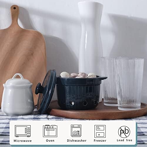 Ceramic Garlic Keeper with Lid, (Navy)