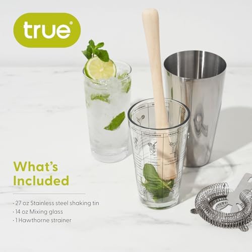 True 3-Piece Barware Set for Mixed Drinks and Cold Brew Cocktails, Includes Cocktail Shaker Tin, Cocktail Mixing Glass with 7 Printed Recipes, and Hawthorne Strainer, Home Bar Tools, Bartender Gifts
