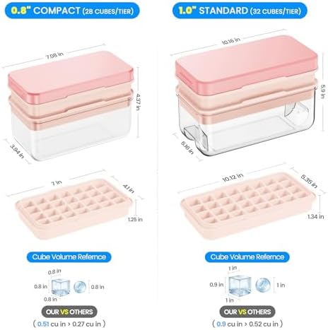 PHINOX 1" Ice Cube Tray with Lid and Bin, Easy Release 64 Cubes for Freezer