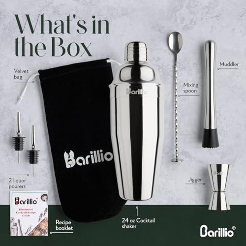 Barillio Mixology Bartender Kit - 8 pcs Stainless Steel Travel Cocktail Shaker Set with Bag - Bar Tools Set with Martini Shaker, Drink Mixer Spoon & Mojito Muddler for Cocktails, Pourers & Jigger