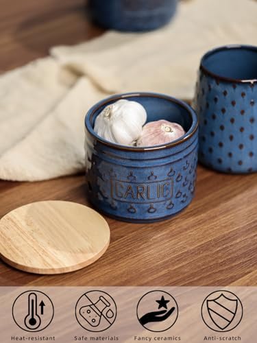 Ceramic Garlic Keeper with Lid, Garlic Holder 4.3-Inch (Vintage Blue)