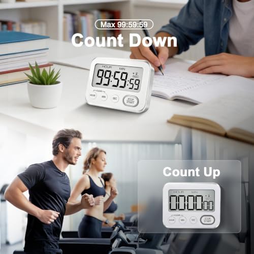 Digital Kitchen Timer Magnetic Loud Alarm, Large LCD Screen Silent/Beeping Multi-Function for Teachers Classroom Kids, Silver