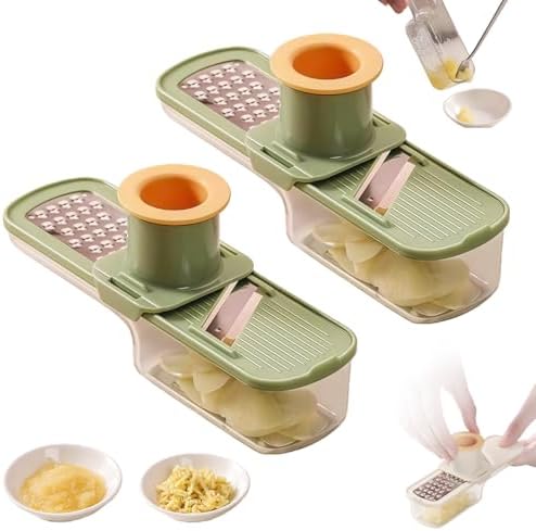 Mini Garlic Grinder, Multifunctional Garlics Grinder & Mandoline Slicer, 3-In-1 Garlic Slicer Veggie Shredder With Container, Hand Guard, For Can Grind, Slice And Shred (Green *2)