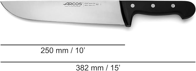 Arcos Butcher Knife 10 Inch Nitrum Stainless Steel and 250 mm blade. 353 gr. Professional Cleaver Knife. Ergonomic Polyoxymethylene POM Handle. Series Universal. Color Black