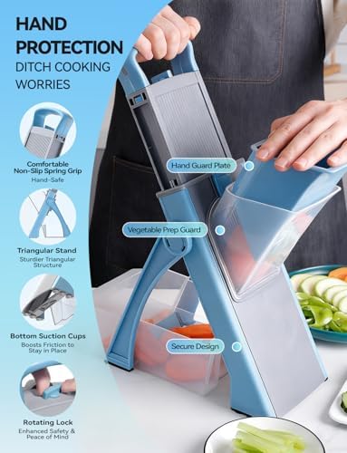 Safe mandoline slicer for kitchen, 8 in 1 Vegetable Chopper, Adjustable food chopper with container, french fry cutter for potatoes, salad chopper tool, Kitchen Chopping Artifact, Gift (SkyBlue)