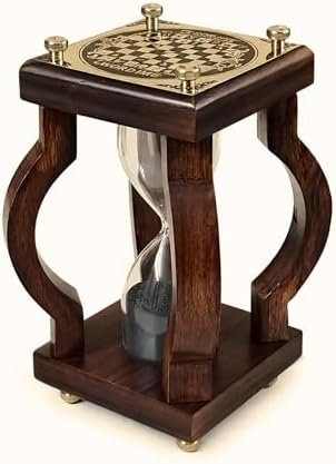 Wooden Hourglass Sand Timer, Brass Chessboard Top