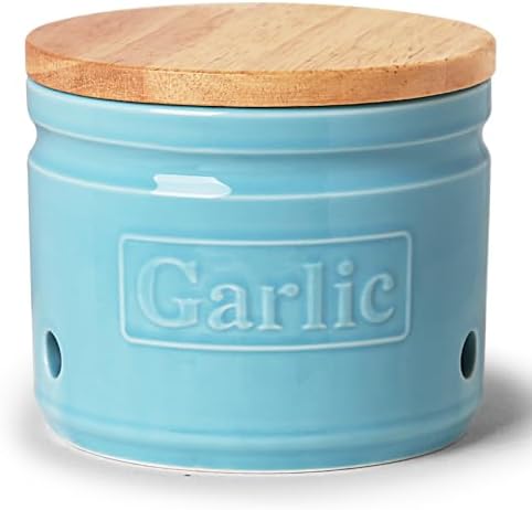 ONTUBE Ceramic Garlic Keeper with Wooden Lid 4-Inch,Garlic Holder (Turquoise)