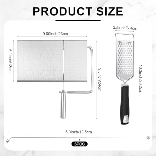 Lothee Replaceable Wire Cheese Slicer with Board and Measuring Grids and Grater Tightness Adjustable Cheese Slicers, Stainless Steel Cutter with 5 Extra Wires, Dishwasher Safe, Kitchen Gadget