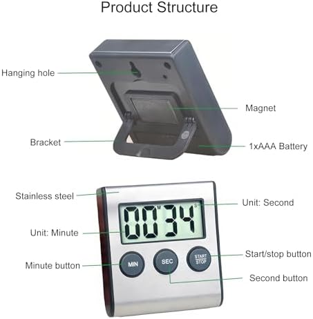 4 Pack Digital Timer with Magnetic Countdown Loud Alarm Hanging Hole Bracket Stainless Steel Battery Easy to Carry for Kitchen Cooking Baking Sports (Silver)