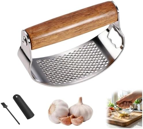 Garlic Press Rocker 2026 New,Portable Manual Stainless Steel Garlic Press Rocker Crusher Masher with Garlic Peeling Drum for Home Kitchen Utensils Garlic Crusher，1-pcs