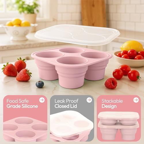 Silicone Freezer Tray with Lid - Stackable 2 oz Large Ice Cube Molds for Homemade Purees, Egg Bites, Broth Food Storage - Dishwasher Safe - Pink