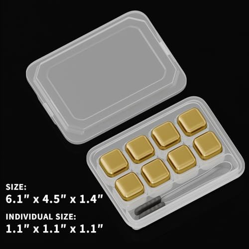 ShanSon Wine Chillers Metal Ice Cube 8 PCS Stainless Steel Whiskey Stones Reusable Whiskey Rocks Beverage Chilling Stones for Scotch and Bourbon Drinking Gifts Set for Men Dad Husband,Gold