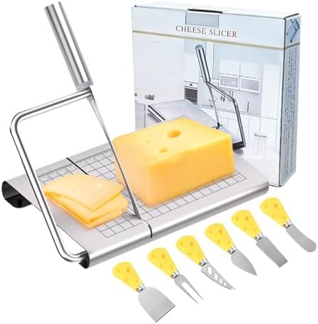 Heavy Duty Cheese Slicer for Block Cheese with 6Pcs Cheese Knife Set, Stainless Steel Cheese Cutter Board with Precise Measuring Grid and Non-Slip Feet, Dishwasher Safe