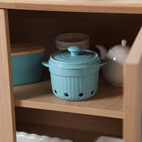 Garlic Keeper with Lid, Ceramic Garlic Saver Container for Countertop, Kitchen Decor (Turquoise)
