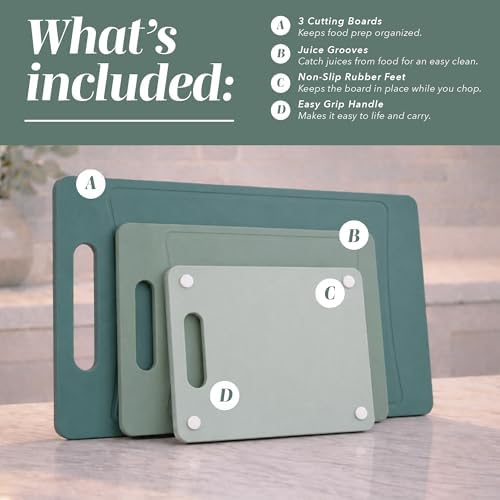 COOK WITH COLOR Non-Slip Cutting Board Set – Kitchen Essentials with Easy Grip Handle for Meat, Veggies, and Fruits, 3 Cutting Boards, Mint